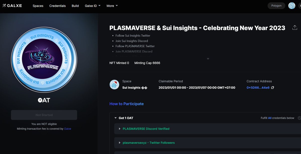 🌊 PLASMAVERSE &amp; Sui Insights - Celebrating New Year 2023

🐬We are giving away 100 OG to 100 OAT holder lucky 🥰

Doing 👇

1️⃣Enter: galxe.com/Suiinsights/ca…
2️⃣Do all social tasks and claim
3️⃣Leave OAT below 👇👇👇