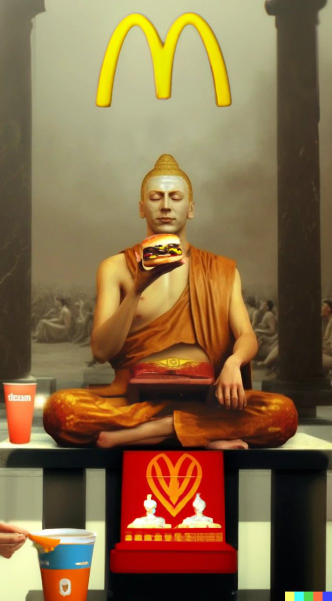 SurrealGoogling's tweet photo. Buddhists Monk McDonald's Ad Campaign #midjourney #outpainting #dalle2 #aithought #AIart https://t.co/4NL6uxbx0Y