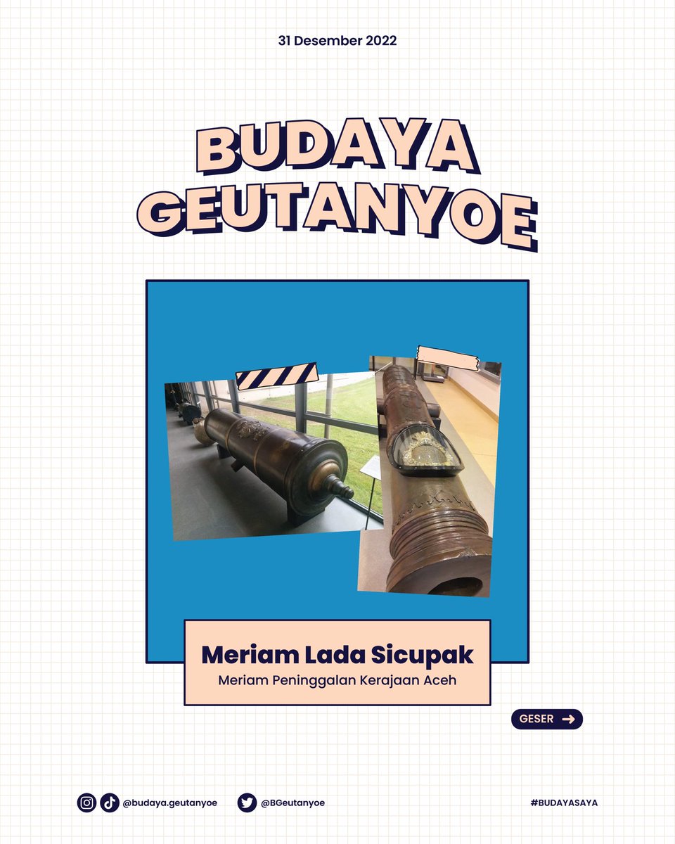 BGeutanyoe's tweet photo. Salam rakan lon👋🏻

Waktu kejayaan Kerajaan Aceh Darussalam banyak barang dan senjata yang udah maju ya. Kaya Meriam Lada Sicupak ni contohnya, jadi senjata yang cukup bahaya waktu Aceh ngelawan penjajahan dulu. https://t.co/kpEoBztLpX
