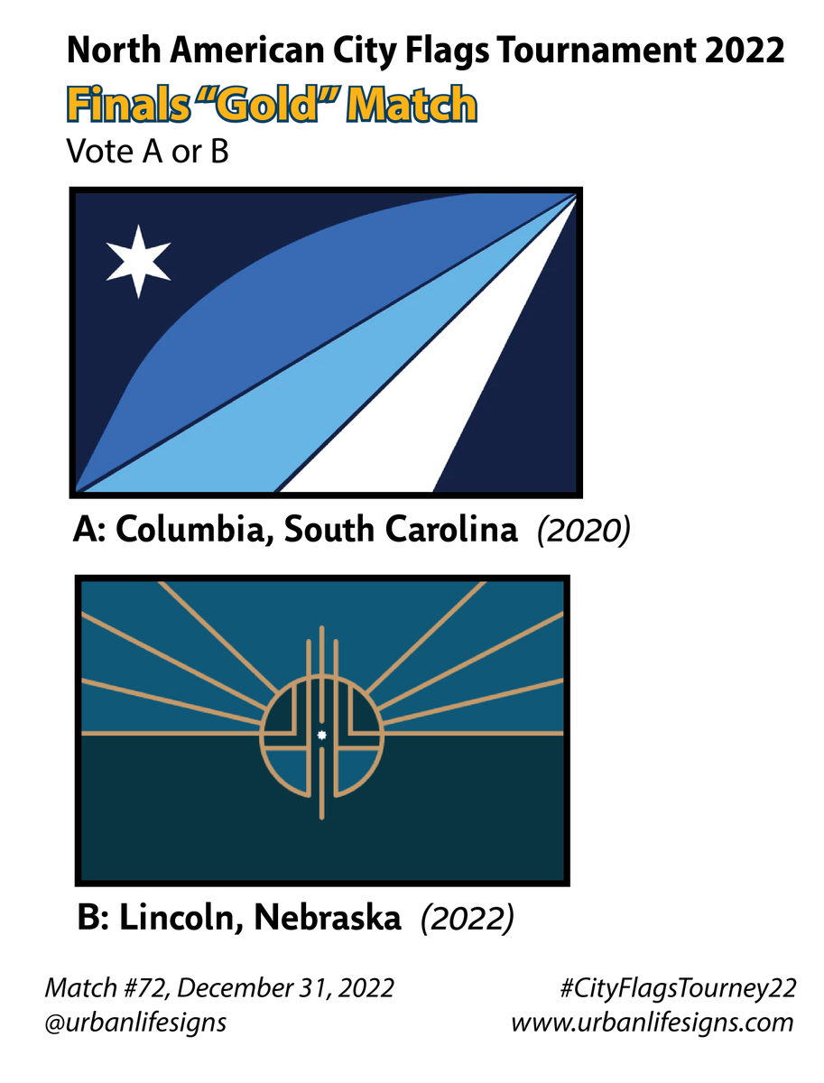 urbanlifesigns's tweet photo. The FINALS! The Finals "Gold" Match of the #CityFlagsTourney22 starts NOW. Which of these 2 flags will claim the top flag out of the 80 city flags in North America!
Columbia SC v. Lincoln NE
YOU DECIDE by scrolling down and voting below in the poll.
🧵
#vexillology #cityflags https://t.co/3KKRiMWY7N