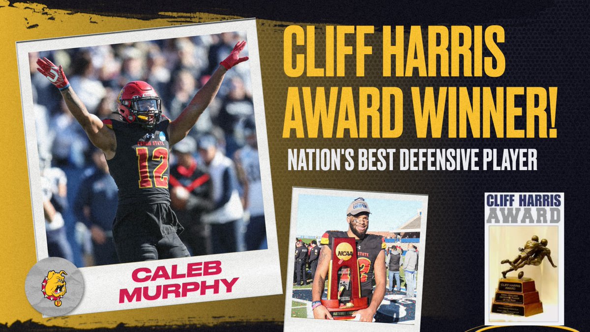 ferrisathletics's tweet photo. NATIONAL AWARD WINNER! Ferris State's Caleb Murphy chosen as 2022 Cliff Harris Award recipient as nation's top small college defensive player! Another major award! Congrats @calebmurphy008 https://t.co/cuF0CosYPD https://t.co/rKJ30xorxI