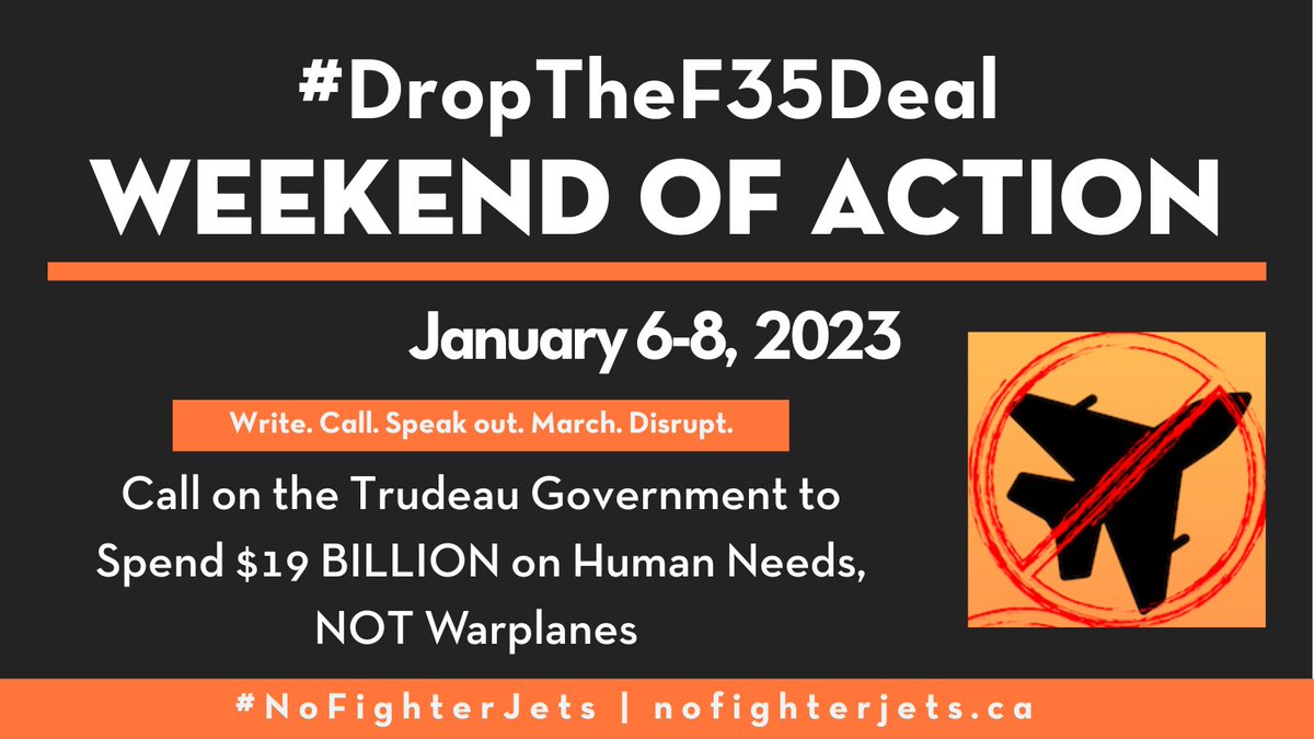 nofighterjets's tweet photo. 📣TAKE ACTION: On January 6-8, join us to demand that the federal government #DropTheF35 Deal! As you read this, actions are being pulled together from coast to coast: https://t.co/ZIv69YwQoc See you then! #NoFighterJets https://t.co/BWMmpUxhe4