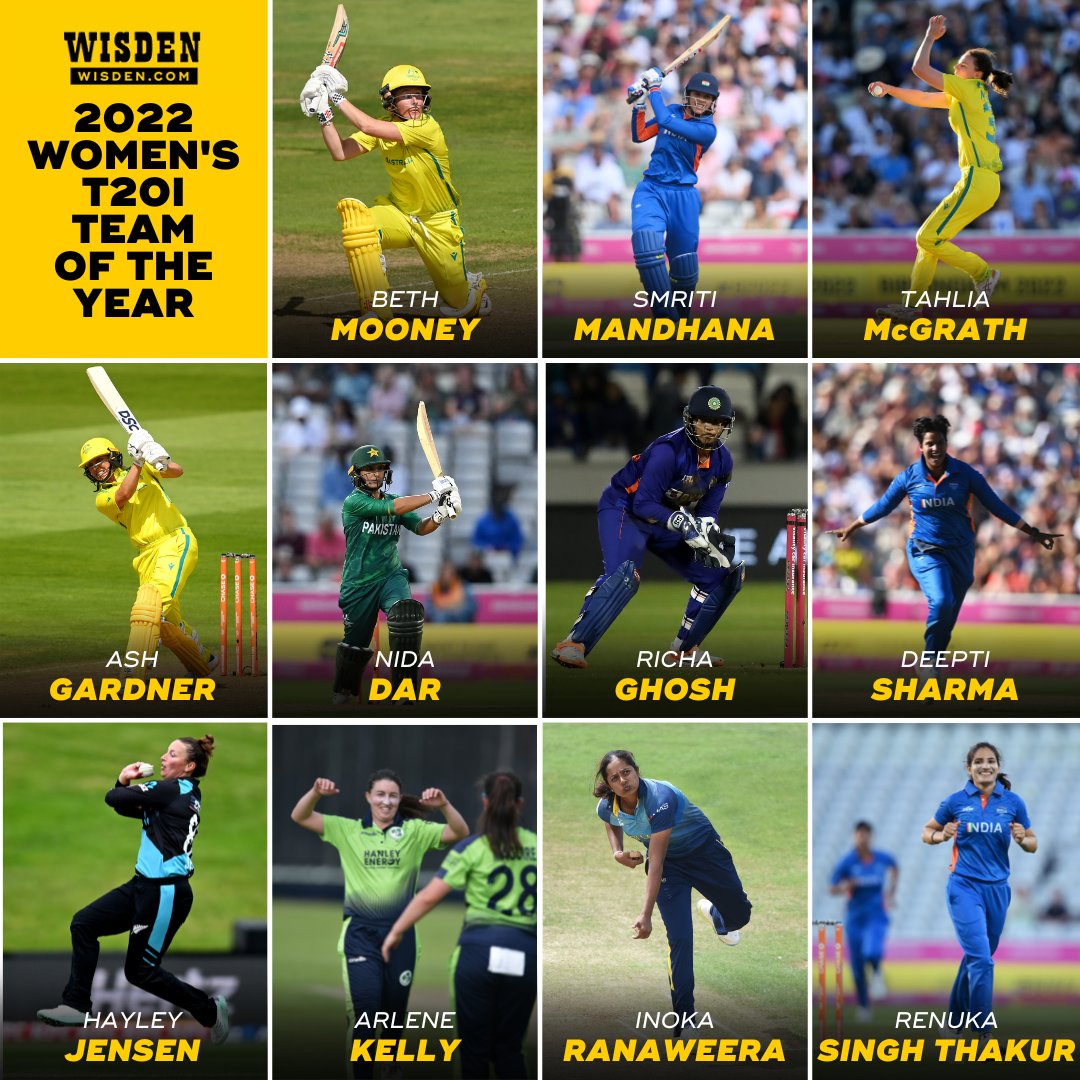 🚨 Wisden's women's T20I Team of the Year 🚨

1. Beth Mooney
2. Smriti Mandhana
3. Tahlia McGrath
4. Ash Gardner
5. Nida Dar
6. Richa Ghosh (wk)
7. Deepti Sharma
8. Hayley Jensen
9. Arlene Kelly
10. Inoka Ranaweera
11. Renuka Singh Thakur

READ MORE: wisden.com/stories/2022-i…