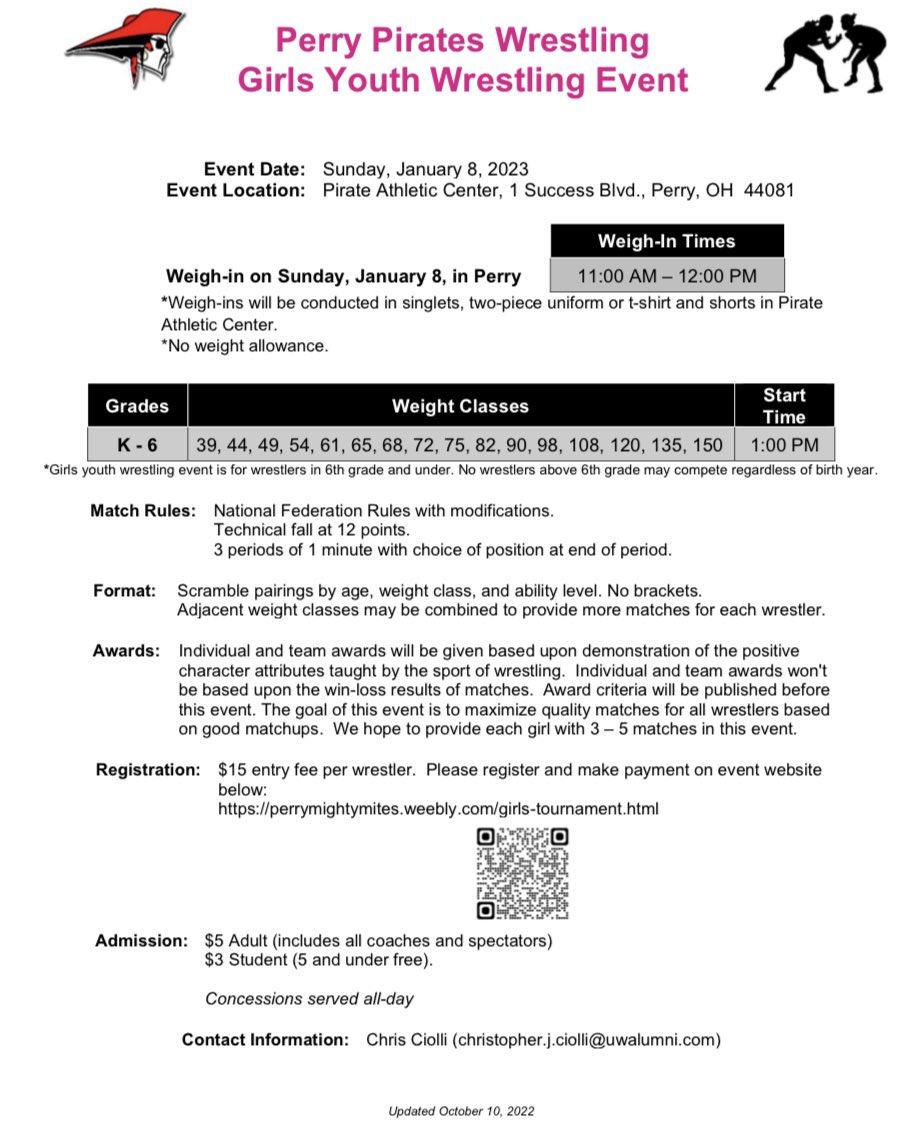Register by end of day Jan. 2, 2023!  We are excited to host a girls-only grades K-6 youth wrestling tournament on Sun., Jan. 8.  Help grow the sport in Ohio!  Registration and payment available on our website:
perrymightymites.weebly.com/girls-tourname…
<a href="/WrstleLikeAGirl/">Wrestle Like A Girl</a> <a href="/OHGirlWrestling/">Ohio Girls Wrestling</a>