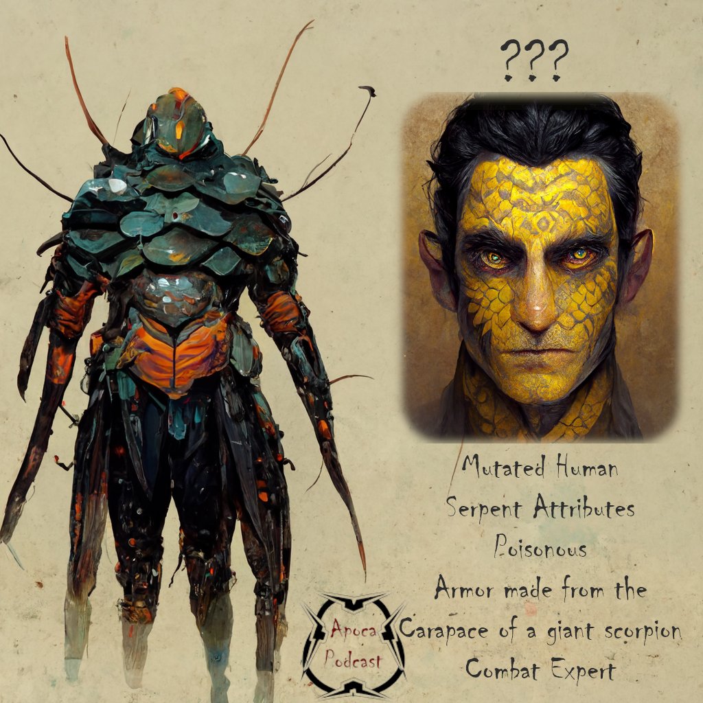 THEABCGM's tweet photo. One of my players needs help! He can't decide on a name for his PC. What are your thoughts?
His PC is a #mutant / hybrid humanoid serpent.
Here is some #conceptart!
#postapocalyptic #scifi #ttrpg #podcast #ApocaPodcast #rpg #DnD #DnDcharacter #pathfinder2e #ttrpgfamily https://t.co/xS5ujQNDnb