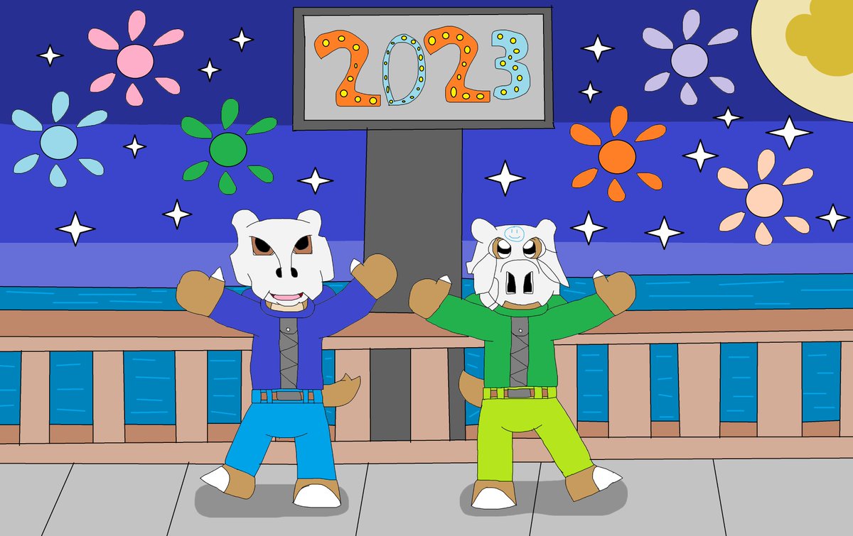 Liam and Jack are celebrating the new year. #marowak #pokemon #cubone #fanart #gamefreak #nintendoart #newyear #happynewyear #videogame #pokesonaoc #originalcharacter #pokemonfanart #fireworks #lights #river #bridge #nighttime #colorful #night #year #water #cute #magical #moon