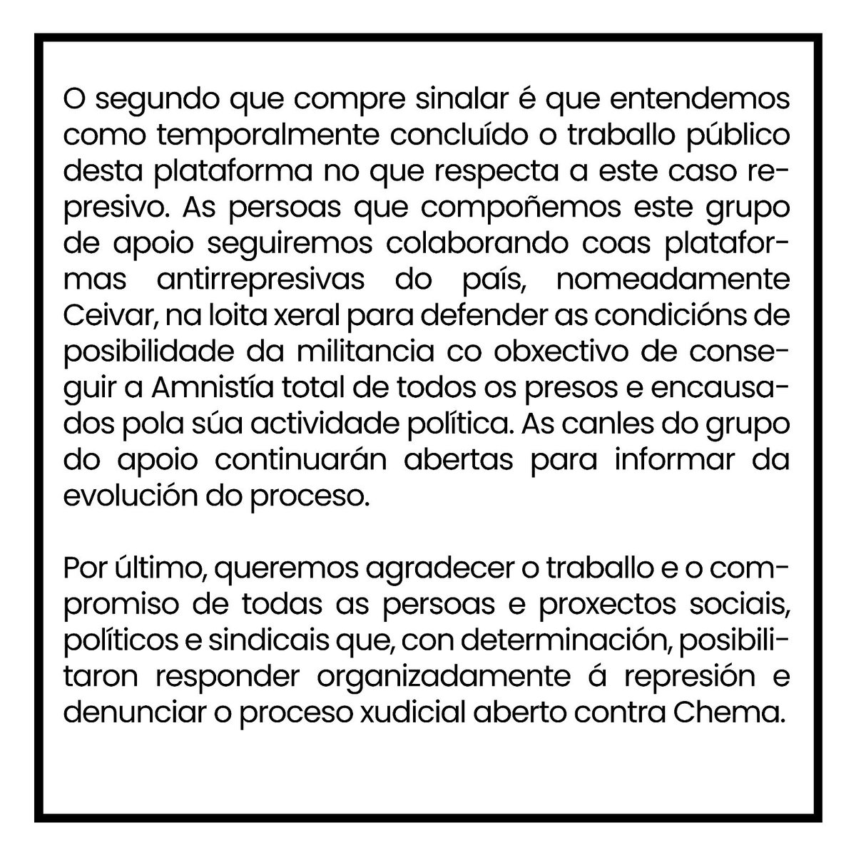 absolucionchema's tweet photo. Facemos unha serie de consideracións sobre a sentencia, o traballo da plataforma a partir de agora e agradecemos a implicación de todas as persoas e colectivos que fixeron fronte común contra a represión nestes cinco anos.

A loita é o único camiño. Vemonos na rúa! https://t.co/iVyAn9ETpP