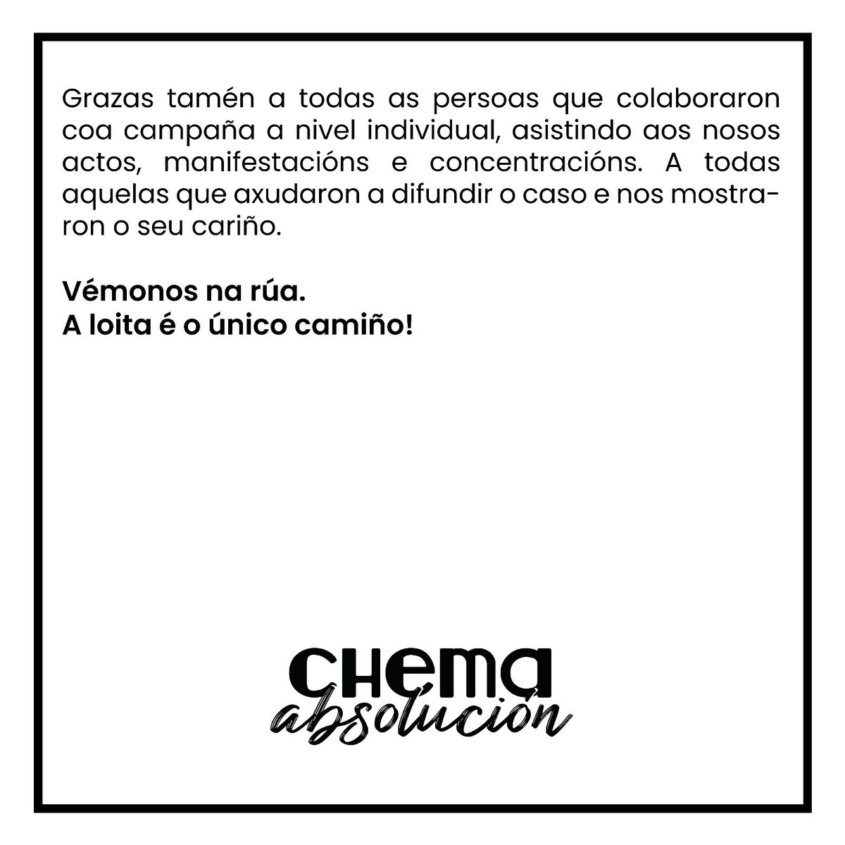 absolucionchema's tweet photo. Facemos unha serie de consideracións sobre a sentencia, o traballo da plataforma a partir de agora e agradecemos a implicación de todas as persoas e colectivos que fixeron fronte común contra a represión nestes cinco anos.

A loita é o único camiño. Vemonos na rúa! https://t.co/iVyAn9ETpP