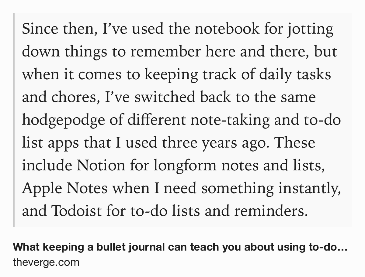 J’ai aussi tenté le bullet journal sur papier pendant deux ans, mais finalement revenu à mes outils numériques.

What keeping a bullet journal can teach you about using to-do list apps theverge.com/23520891/bulle…