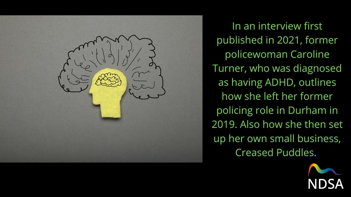 NDSA_UK's tweet photo. 'In a 2021 interview, former police officer Caroline Turner, who has ADHD, outlines to ND Media how she left policing to start up her own small business, ‘Creased Puddles.’ #Neurodiversity #NDatWork https://t.co/1VIp7U7bRO https://t.co/iEWERm5iaD https://t.co/p7zCeCpwfT