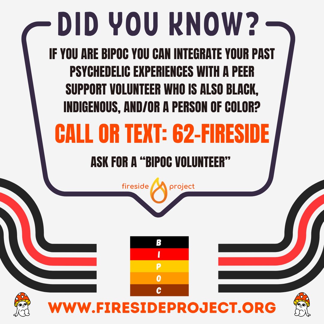 GlowFireside's tweet photo. BIPOC, transgender, and/or military veteran callers to #FiresideProject's Psychedelic Peer Support Line can now call or text in and request to process past psychedelic experiences with a support-line volunteer sharing that aspect of their identity! https://t.co/jiTIIFSvb0 https://t.co/4VsCWuLY1B