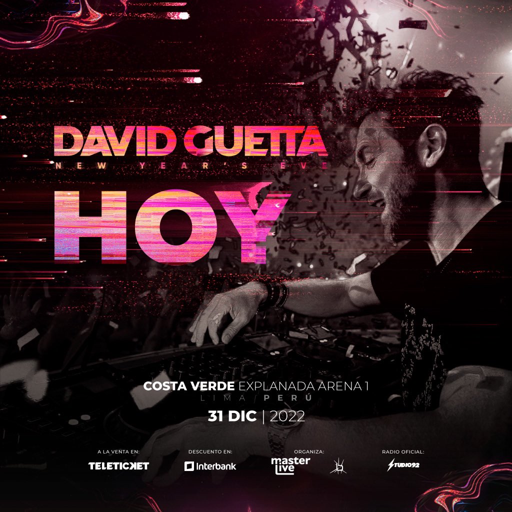Cerramos este increíble año de la mejor manera, celebrando junto a <a href="/davidguetta/">David Guetta</a> en la fiesta de AÑO NUEVO más explosiva de Sudamérica 🌊🍾🥂🎉 

🎫 Últimas entradas 👉🏻 teleticket.com.pe/david-guetta-e…

 New Year's Eve
🗓️ 31 de Diciembre 2022 
📍 Costa Verde - Explanada Arena 1