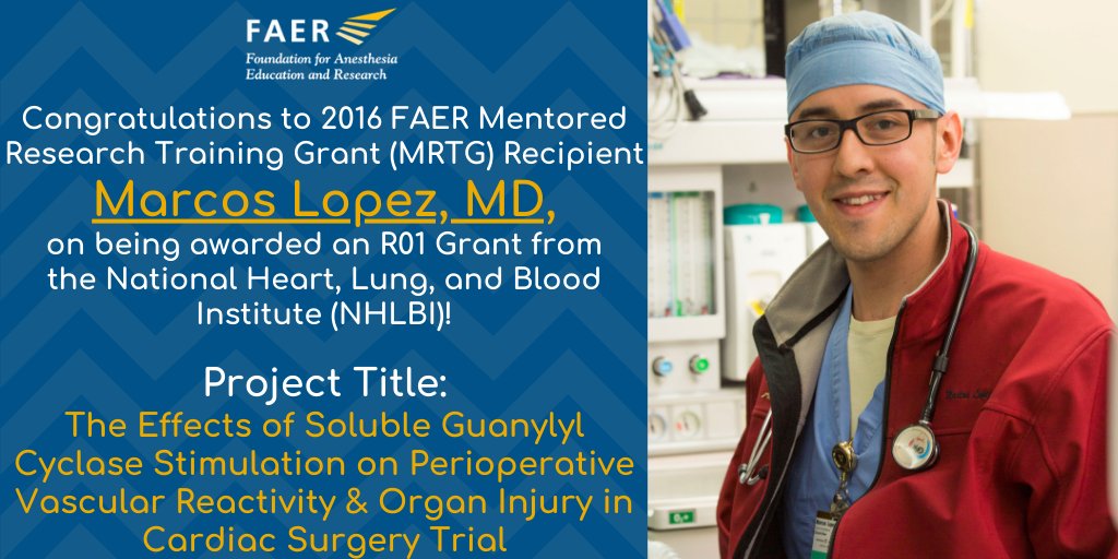 FAER (@faeranesthesia) on Twitter photo Congrats to 2016 #FAERgrantee <a href="/MarcLopezMD/">Marcos Lopez</a> of <a href="/VUMC_Anes/">VUMC Anesthesiology</a> on being awarded a R01 by <a href="/nih_nhlbi/">NIH NHLBI</a> in 2022!
Titled “The effects of soluble guanylyl cyclase stimulation on perioperative vascular reactivity & organ injury in cardiac surgery trial,” learn more: loom.ly/6OYvRcc Congrats to 2016 #FAERgrantee <a href="/MarcLopezMD/">Marcos Lopez</a> of <a href="/VUMC_Anes/">VUMC Anesthesiology</a> on being awarded a R01 by <a href="/nih_nhlbi/">NIH NHLBI</a> in 2022!
Titled “The effects of soluble guanylyl cyclase stimulation on perioperative vascular reactivity & organ injury in cardiac surgery trial,” learn more: loom.ly/6OYvRcc