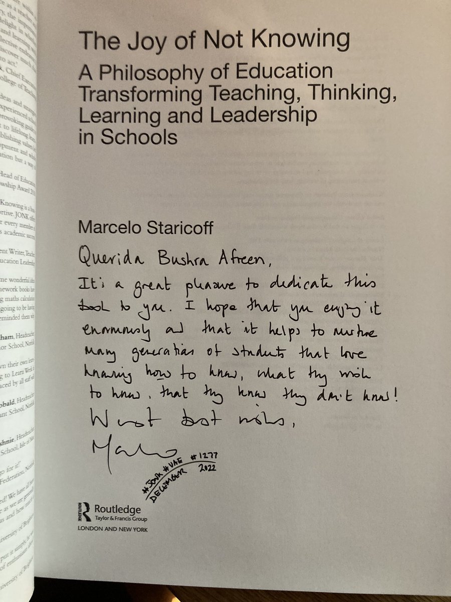 MStaricoff's tweet image. Such a wonderful way to bring this year to a close. I have just signed &amp;amp; dedicated &amp;amp; sent the #JONK #book in the post to you @Afreen50079461 

I can’t wait for it to arrive - first ever copy to #UAE so exciting! 

Wishing you all the best for 2023

#PLN #UAE  @RoutledgeEd