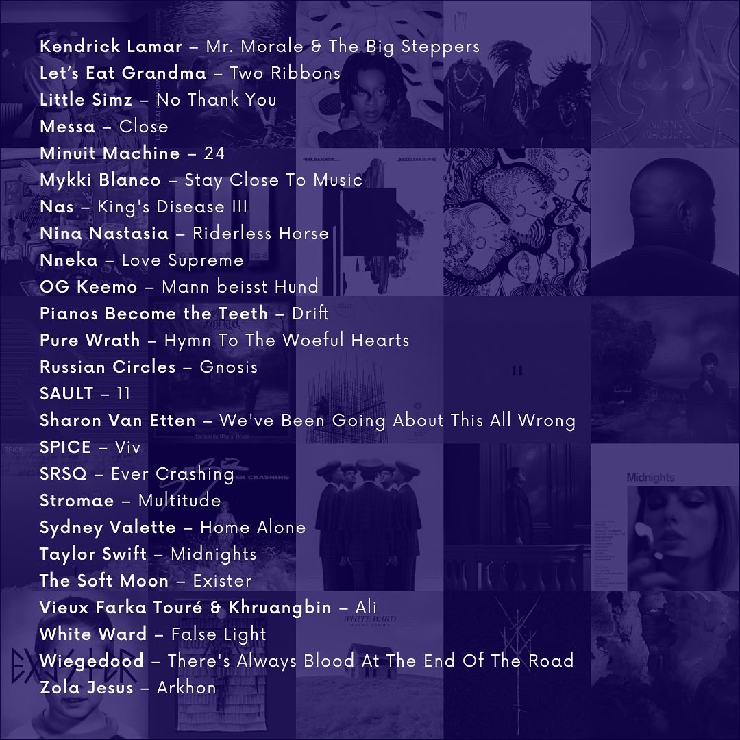 HERE'S MY PERSONAL TOP 50 FAVORITE ALBUMS OF 2022 #LIST, IN ALPHABETICAL ORDER BY ARTIST. 🕊 INCL. <a href="/aawilliamsmusic/">A.A. Williams</a> <a href="/authorpunisher/">Author & Punisher</a> <a href="/backxwash/">Backxwash</a> <a href="/cave_in_boston/">CAVE IN</a> <a href="/charlottebolis/">Charlotte Adigéry & Bolis Pupul</a> <a href="/Cultofluna_off/">Cult of Luna</a> <a href="/HOLY_FAWN/">HOLY FAWN 🥀</a> <a href="/IbeyiOfficial/">Ibeyi</a> <a href="/SRSQmusic/">Kennedy Ashlyn</a> <a href="/SydneyValette/">Sydney Valette</a> @ZOLAJESUS #aoty2022 #Albumsof2022