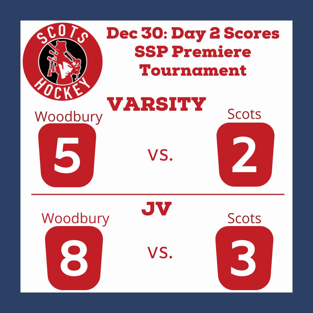 Woodbury beat Scots Varsity and JV on Day 2 of the SSP Premiere Tourney.
Varsity: 
🚨 28 Warner 
🚨 54 Johnson
🍏 6 Ahmadad
JV: 
🚨 🍏 8 Bitenc
🚨  20 Hess
🚨  41 Kirsch
🍏 🍏 34 Sadowski
🍏 44 Nonnemacher

#hockey #highschoolhockey #goscots