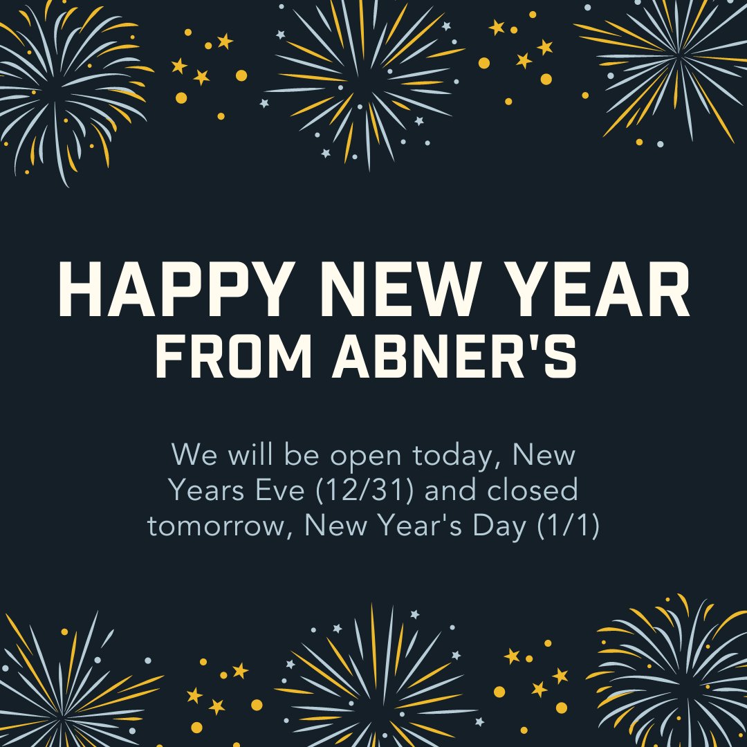 AbnersChicken's tweet photo. 🥳 HAPPY NEW YEAR! 🥳
We will be open today, New Year's Eve and closed tomorrow, New Year's Day! https://t.co/OUhlAsCnuf