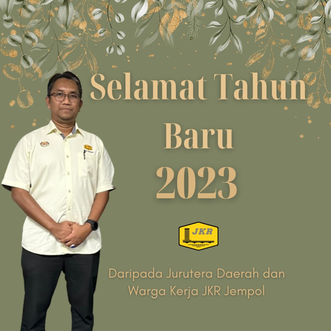 Seluruh warga kerja Jabatan Kerja Raya Jempol ingin mengucapkan Selamat Tahun Baharu 2023 khususnya kepada warga daerah Jempol dan seluruh rakyat Malaysia.

#JasaKepadaRakyat 
#TogetherWeDeliver 
#BersihMuafakatSejahtera