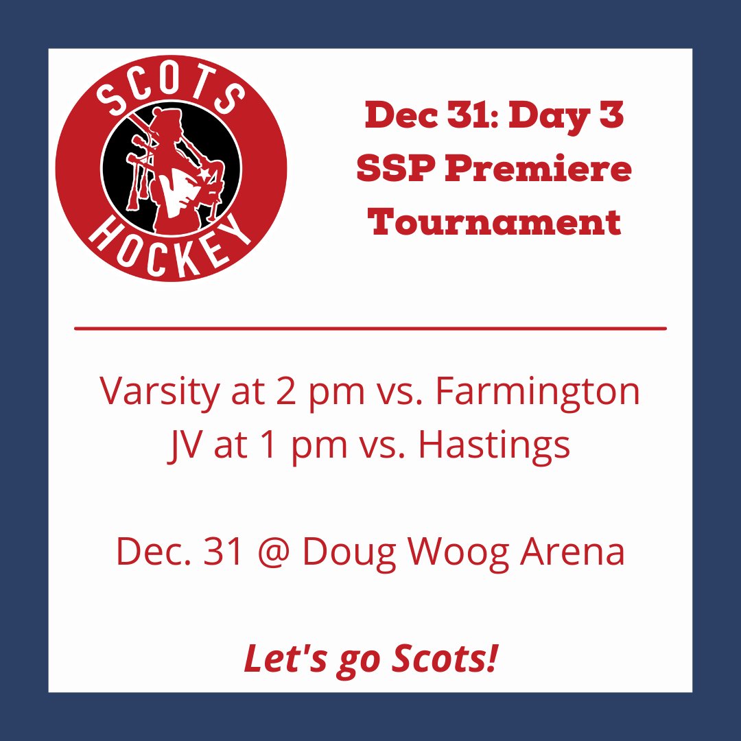 Today, the Varsity Scots face Farmington at 2 pm and the JV Scots face Hastings at 1 pm at Doug Woog Arena. Catch the games on our dueling livestreams. Varsity: meridix.com/channel/?livei… and JV: meridix.com/channel/?livei…
#hockey #highschoolhockey #goscots