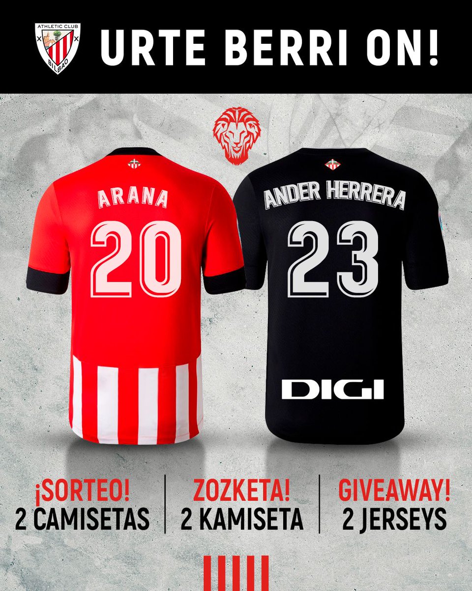 AthleticClub's tweet image. 🔚 ¡¡Se acaba el año y recibimos el 2⃣0⃣2⃣3⃣ sorteando estas dos camisetas!!

📲 Síguenos 
🔁 Haz RT 
💬 Menciona a dos personas

🗓️ Ganadores/as, el 3 de enero a las 12:00 horas. Zorte on 🍀

#AthleticClub 🦁