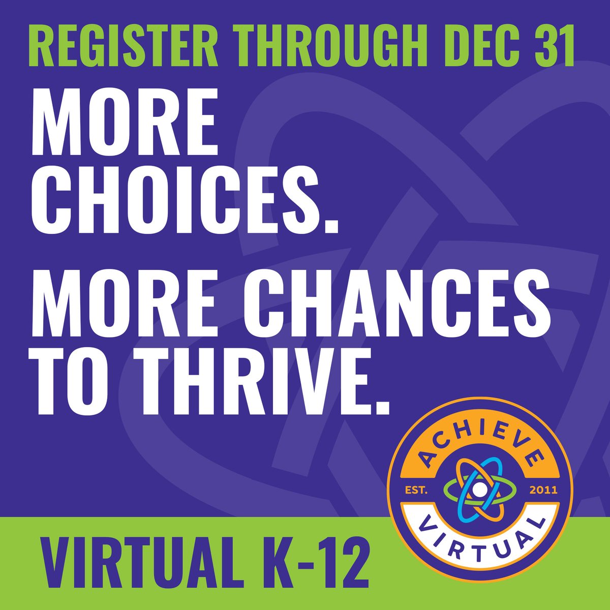 A flexible class schedule for the whole family - tuition-free. Enroll your elementary student in Achieve Virtual today.  Spring registration ends December 31! bit.ly/3VA97rh