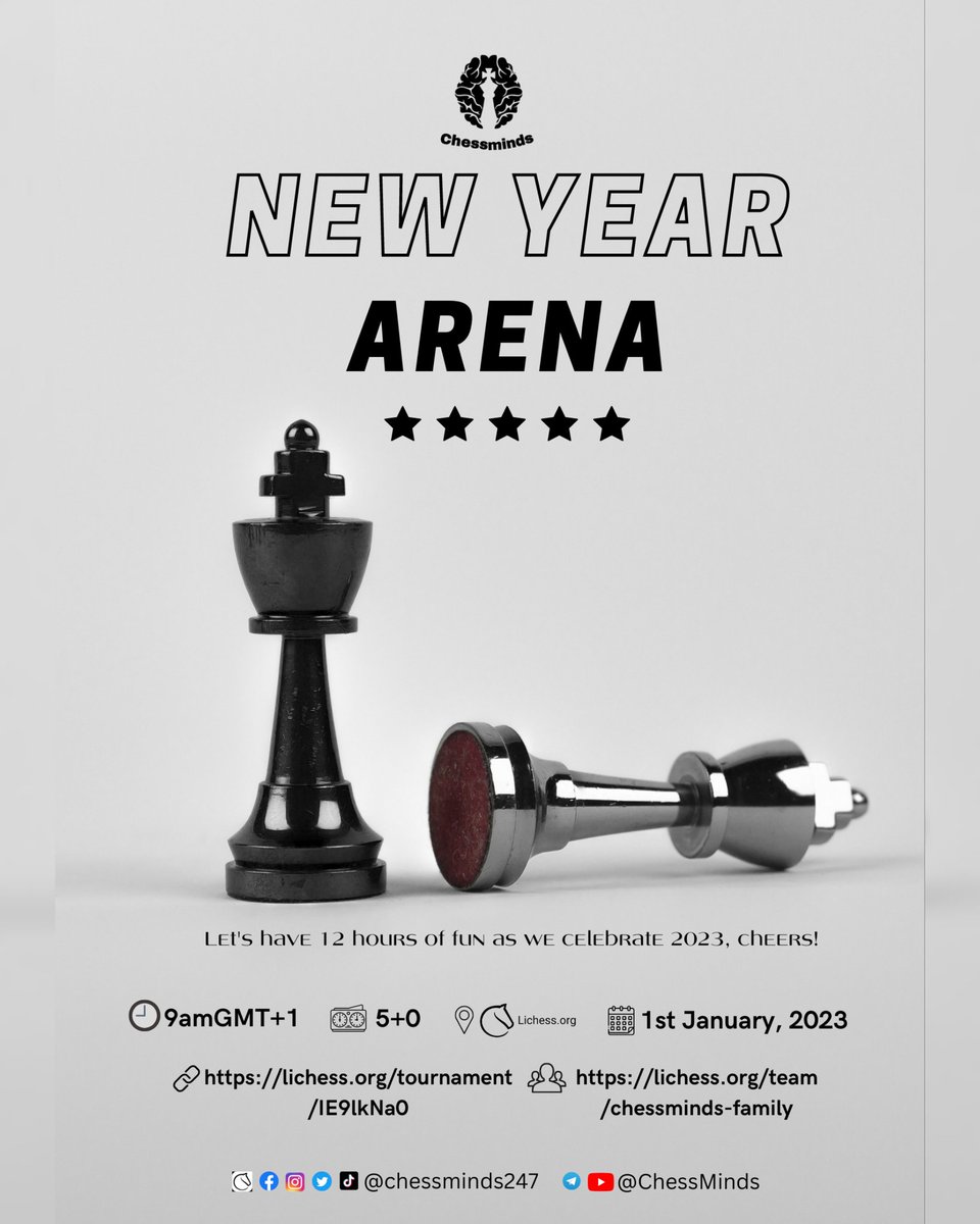 Chessminds247's tweet photo. Join the celebration of the #NewYear over the greatest game of #Chess for 12hrs so you can join as convenient
Time: 9am-9pmGMT+1 on New Year Day
 Link: https://t.co/Bkxg2DQREv
Team: https://t.co/KexoYhdMSt
#2023NewYear #tournament #chessminds #chessgames #chessdrama #chessislife https://t.co/2Gfn5JTLYw