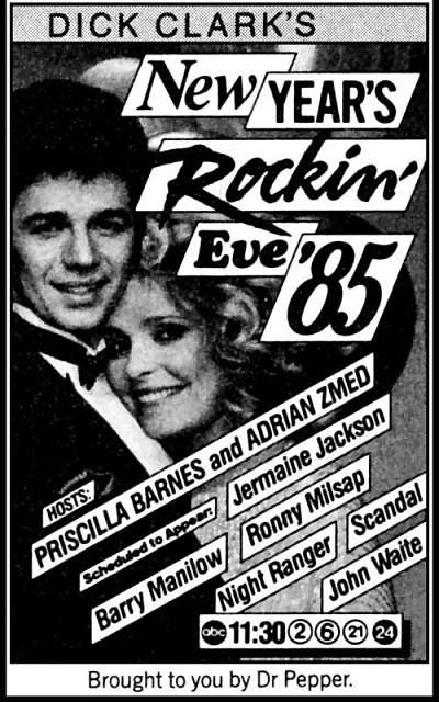 Dec 31, 1984: Dick Clark's New Year's Rockin' Eve was hosted by Priscilla Barnes @PriscillaOnTV & Adrian Zmed. #80s