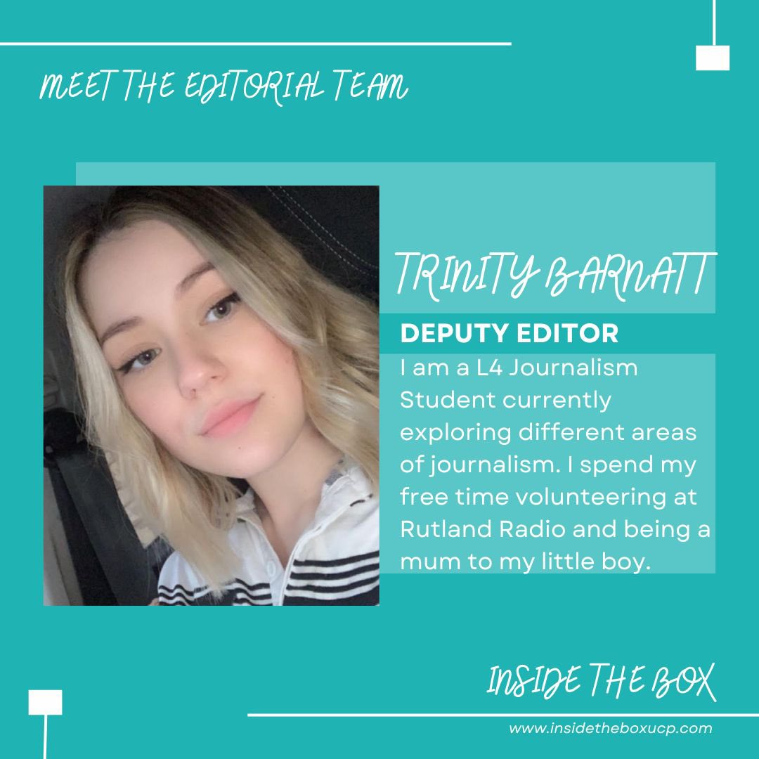Insidetheboxucp's tweet photo. Meet the Editorial team: Deputy Editor 

A Level 4 Journalism Student with an interest in Radio! You can find some of Trinitys work on Inside the Box, including a recent feature about 2022! 

#journalism #peterborough #Radio #socialmedia #NewYearsEve #goodbye2022
@trinity_barnatt https://t.co/rVAnkQC1tn