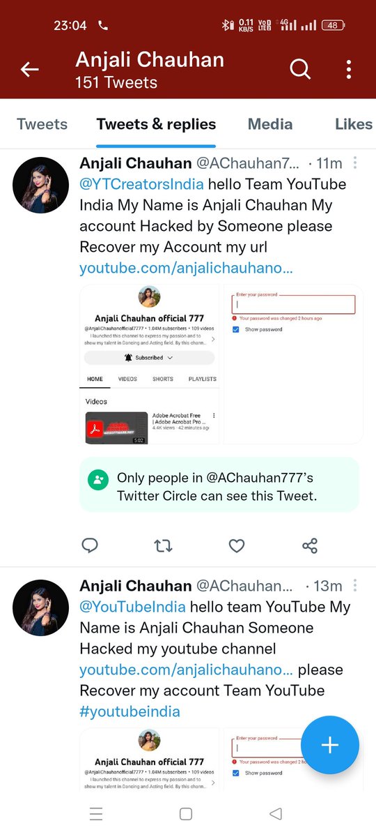 AChauhan777's tweet photo. @TeamYouTube Hello Teamyoutube  My  Name is Anjali Chauhan My Youtube account Hacked 2 Hours Before by Someone my Channel URL https://t.co/6yknKWZmQI https://t.co/Afe7fbUb6O