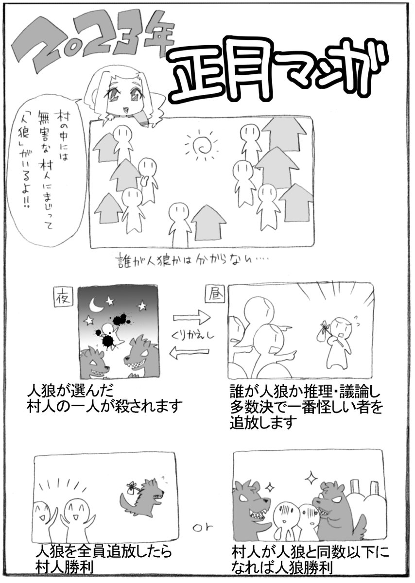 2023年正月漫画はじめました。
のんびり更新していきますので、どうぞよろしくお願いします。
狩人とか占い師とかの説明はまた後ほど。

#うちのトコでは #うちトコ #四国四兄弟 