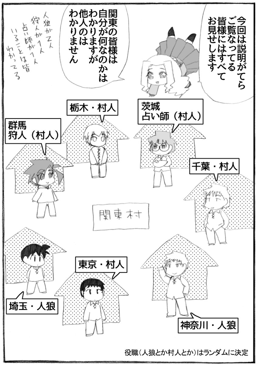 2023年正月漫画はじめました。
のんびり更新していきますので、どうぞよろしくお願いします。
狩人とか占い師とかの説明はまた後ほど。

#うちのトコでは #うちトコ #四国四兄弟 