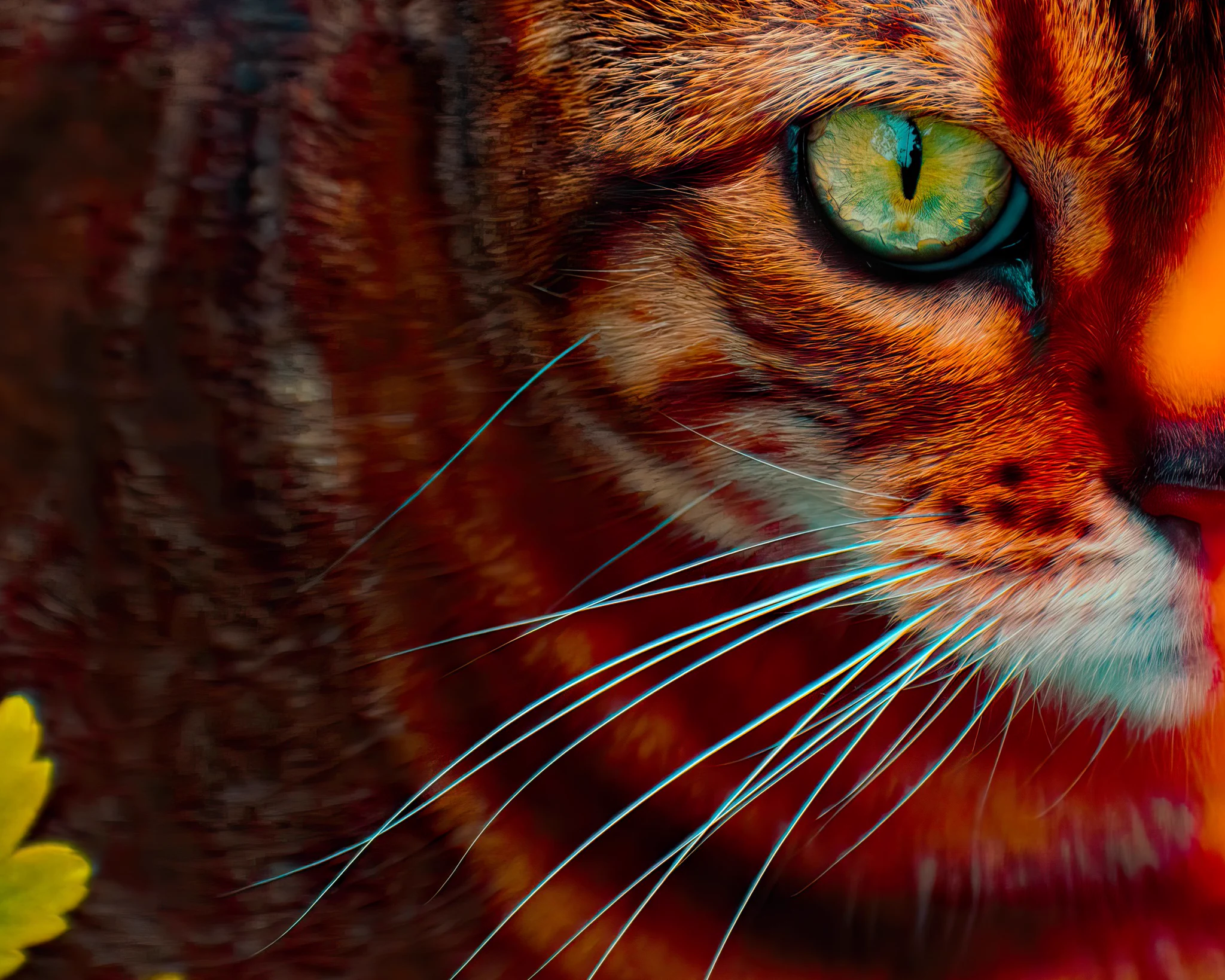 A street cat with green eyes and brown strips starring into the camera. Half of his face is hidden by the green plants in the front. AI enhanced. 