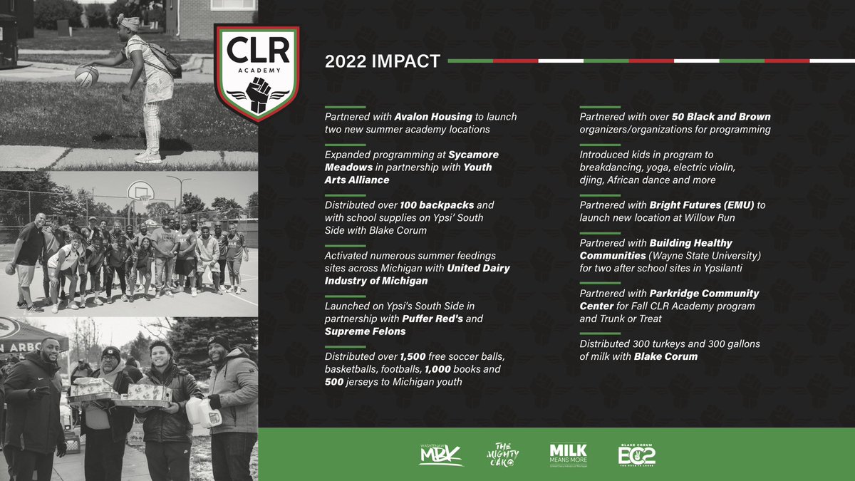 ✊🏿✊🏾【ＩＭＰＡＣＴ】✊🏽✊🏼

Thank you to our staff, volunteers, sponsors, community partners and most importantly our young participants! A monumental year for #CLRAcademy 💚🖤❤️