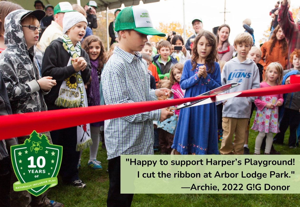 Today (12/31)  is the last day to make a difference. giveguide.org/nonprofits/har…

10 yrs later, Archie—the local child who cut the ribbon @ the OG #HarpersPlayground after hosting his own bake sales to raise $—gave to @giveguide. Help cut the red ribbon at more inclusive playgrounds!