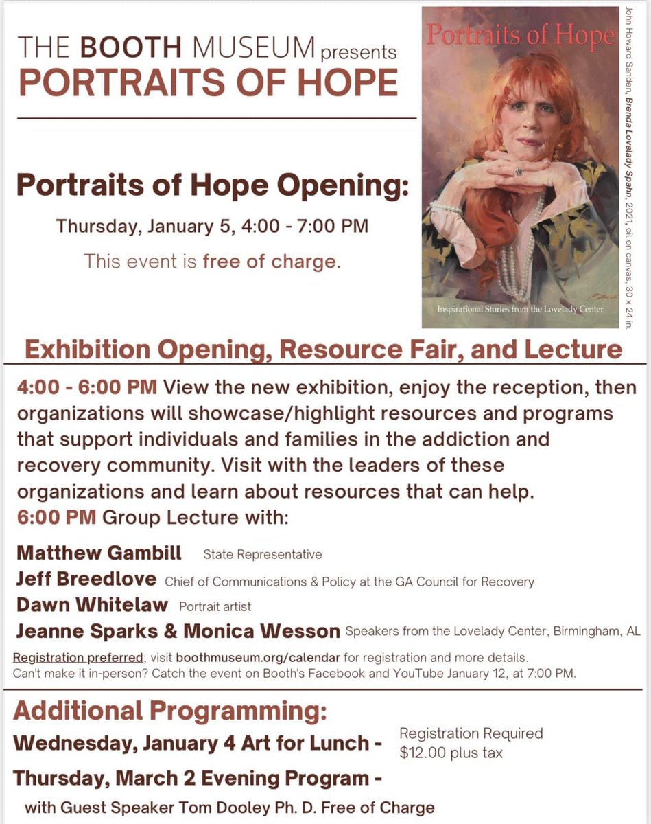 Recovery_GC4R's tweet photo. Portraits of Hope in Cartersville at the Booth Western Art Museum

Join @jeffbreedlove1 with @Recovery_GC4R &amp; Representative @matthew_gambill, Carie Shugart with The Arena RCO, and Barbara Hoffman with Recovery Bartow 
#GARecovers #PortraitsofHope #gapol https://t.co/38mVe38fgk
