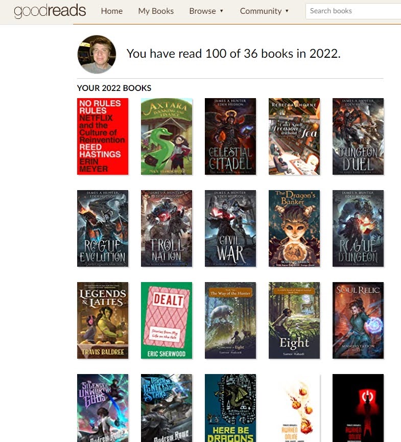 clingermangw's tweet photo. Realized when my Christmas break started that I was close to hitting 100 books read this year, so I just went on a reading frenzy... I did it! Also discovered a new subgenre, "Cozy Fantasy," that I will definitely be reading more! https://t.co/PbTao5o2Ho