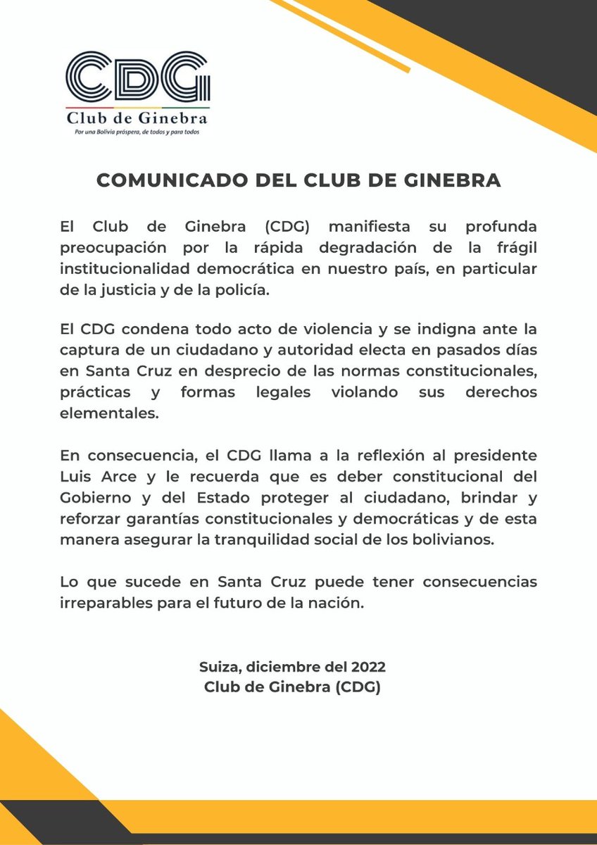 El #CdG expresa su preocupación por los acontecimientos que suceden en Santa Cruz. Subestimar estos hechos puede tener consecuencias irreparables para el futuro del país. #Bolivia #Latinoamerica #Democracia #ONU