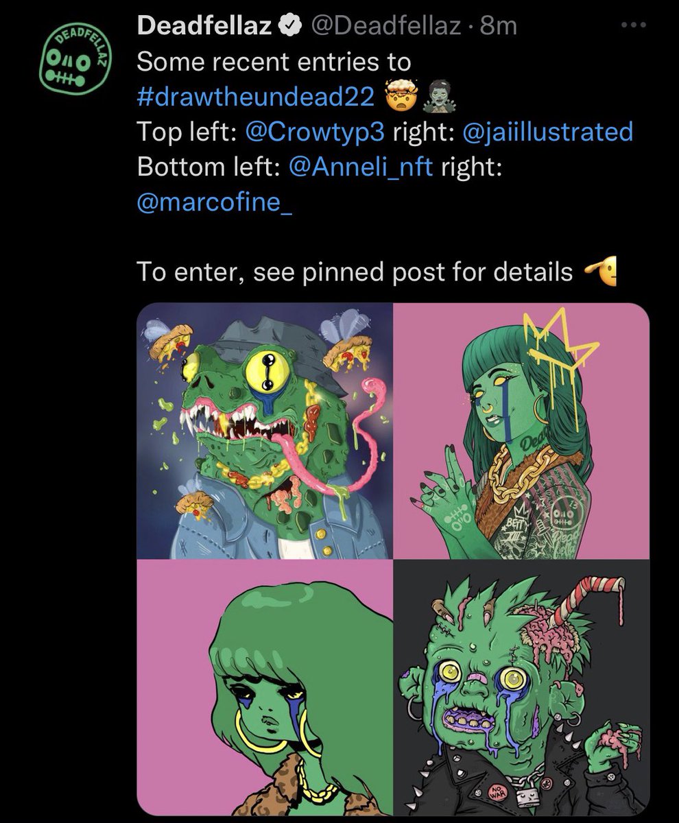 Crowtyp3's tweet photo. My two highlights of 2022 in web3: 1/Be in the top5 in the draw the undead contest (still extremely thankful) 2/Secure my forever @Deadfellaz (love him). In rl, 2022 is the happiest year of my life, as I became a dad 😍. I wish everyone a very happy 2023! Much love!💚💚💚 #horde https://t.co/Q9J7a996F6