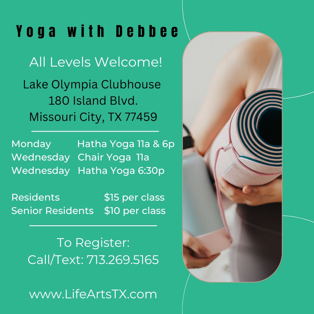 LifeArtsTx's tweet photo. Lake Olympia Residents Only!! LO Clubhouse

Monday Floor Yoga 11am &amp; 6pm
Wednesday Chair Yoga 11am
Wednesday Floor Yoga 6:30pm

Residents $15/class Senior Residents $10/class 
Yoga with DebBee 713-269-5165

#lakeolympia #lakeolympiaresidents #lakeolympiagardenclub #lakeolympiatx https://t.co/CFwxeqpl95