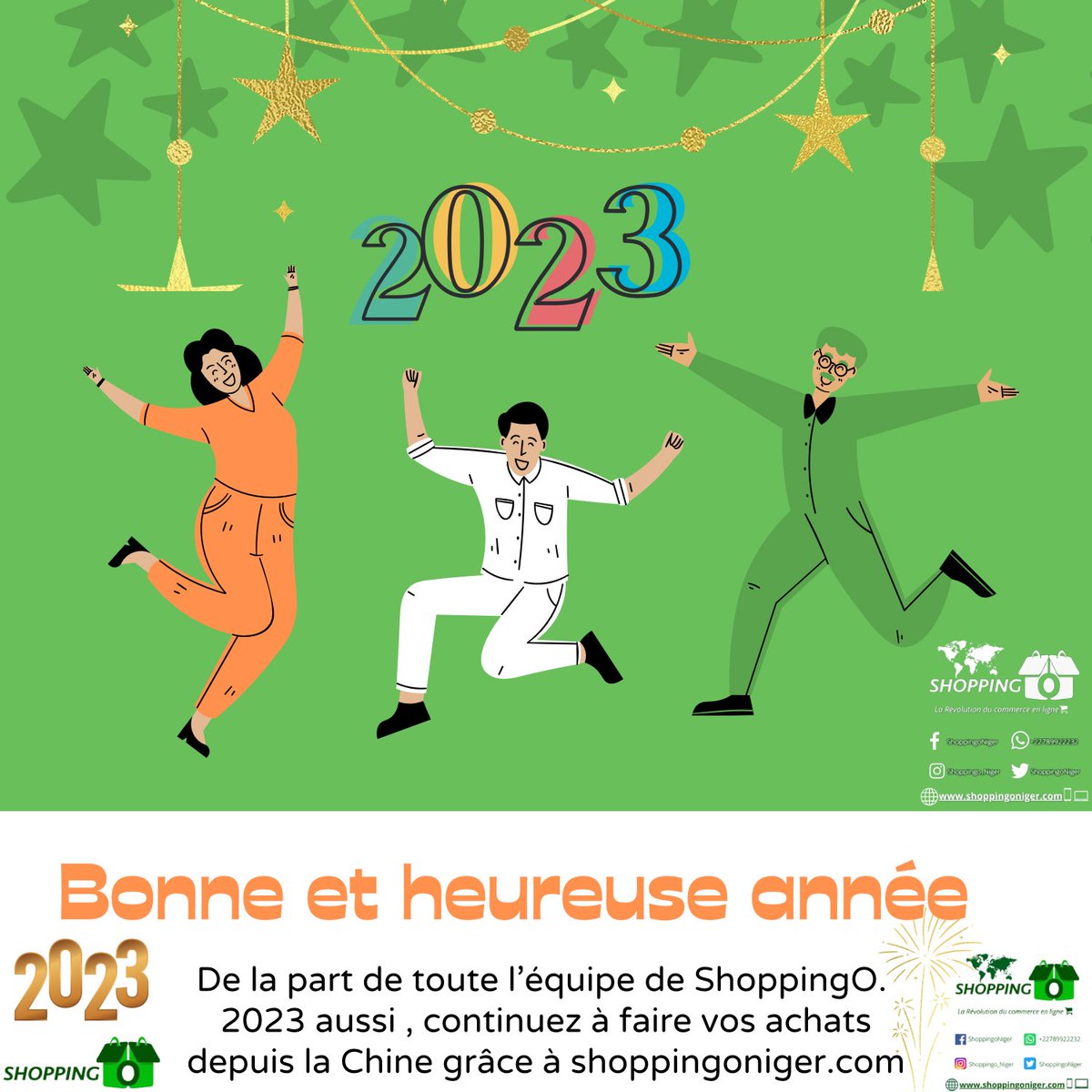 ShoppingoNiger's tweet photo. Bonne et heureuse année 2023 à toutes et à tous de la part de toute l'équipe de ShoppingO.
2023 aussi, continuez à faire vos achats depuis la Chine grâce à https://t.co/UUDTatgP1R 🎊🎉 https://t.co/g8zVgD523v