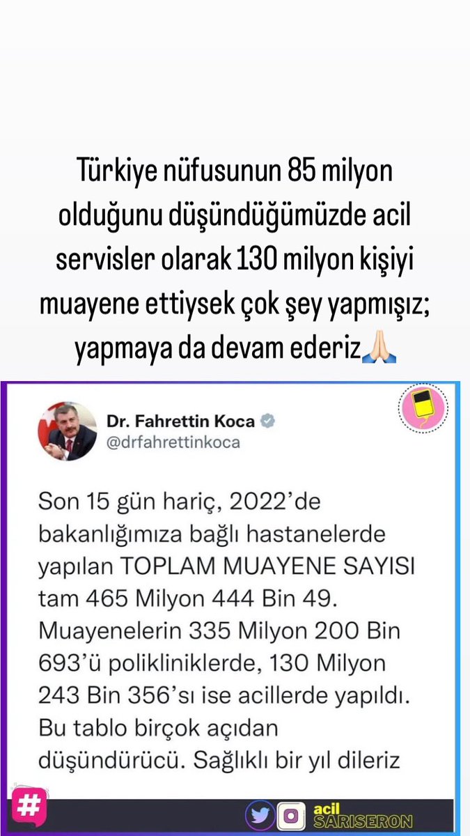 Türkiye nüfusunun 85 milyon  olduğunu düşündüğümüzde acil servisler olarak 130 milyon kişiyi muayene ettiysek çok şey yapmışız; yapmaya da devam ederiz🙏🏻