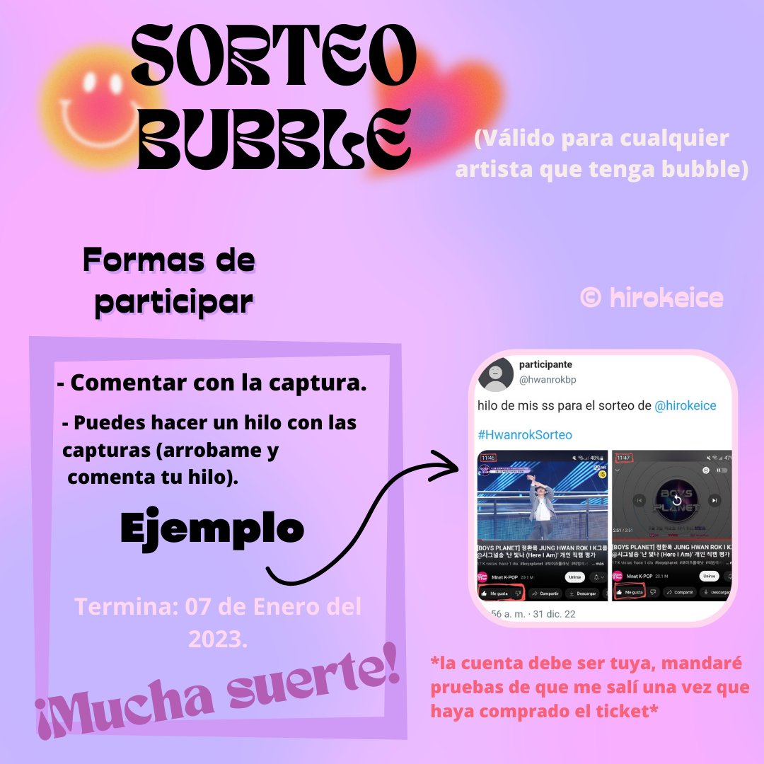 jwoongun's tweet photo. ☆ SORTEO DE BUBBLE ☆

En las imágenes puedes encontrar lo que tienes que hacer para poder participar.

Se agradece si le dan fav y rt para difundir. 

TERMINA EL 07/01/23 

[🎥] https://t.co/t6kX2O7oY8

#HwanrokSorteo 
#BOYSPLANET #HwanRok #BoysPlanet2023 #boysplanet999 https://t.co/Wf1Z66NphY