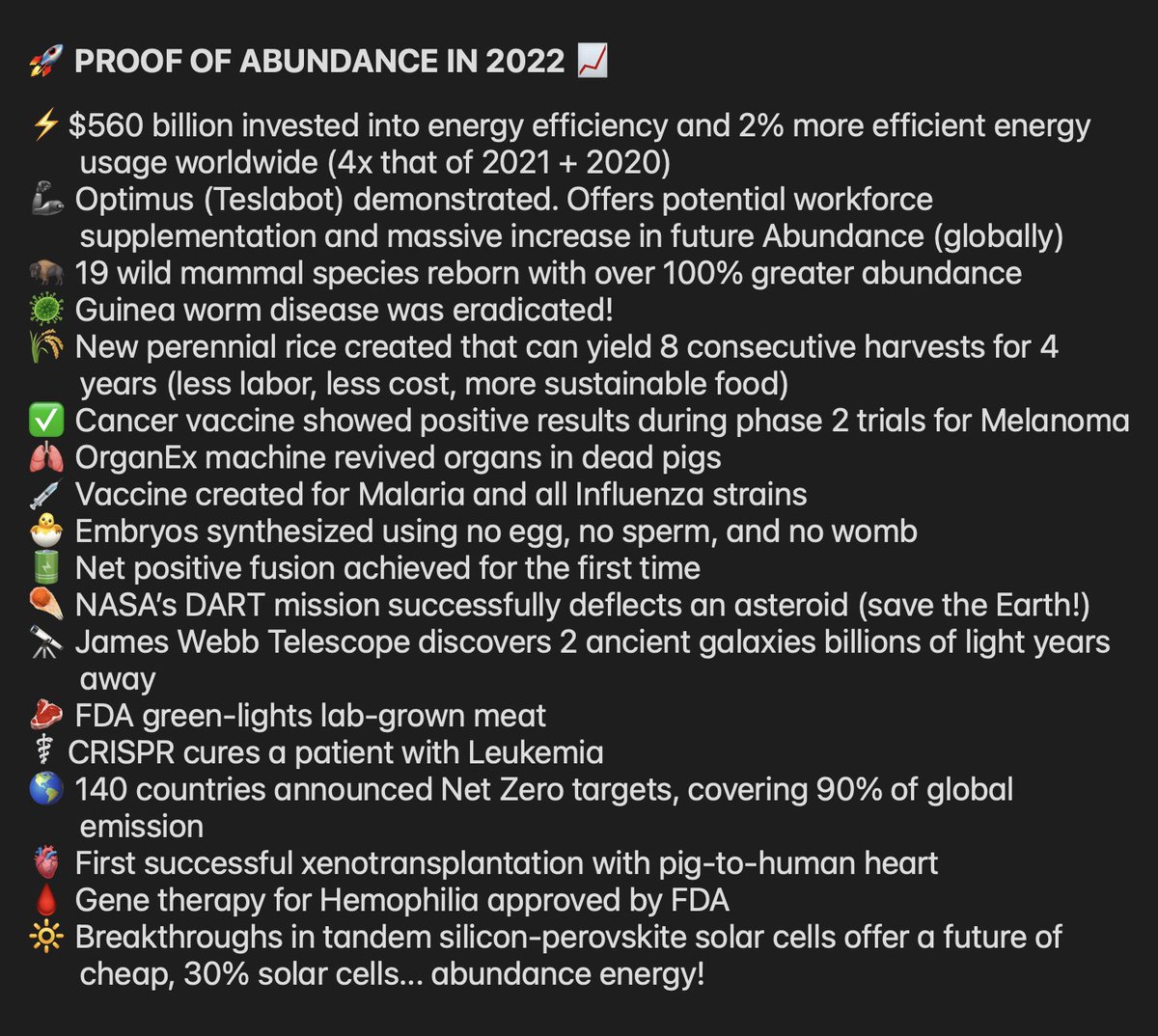 PeterDiamandis's tweet photo. What did I miss? What else is proof of increasing abundance? https://t.co/MPGJhpLR9P