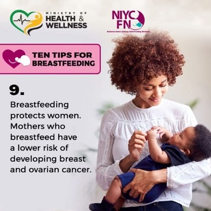 themohwgovjm's tweet photo. TIP 9 & 10: Moms who breastfeed are at lower risk of developing breast and ovarian cancer. Dads/Partners can support moms by helping with the baby and chores. Encouraging moms to eat,drink regularly and rest. Behind a breastfed baby are supportive parents! #SupportMom #SupportDad https://t.co/WONVtnJD4a