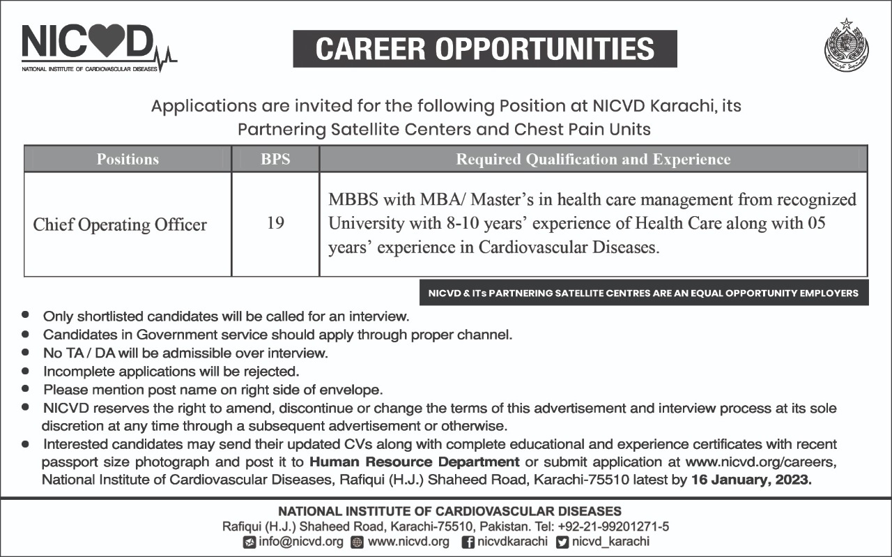 National Institute of Cardiovascular Diseases NICVD Jobs In Karachi 2023 