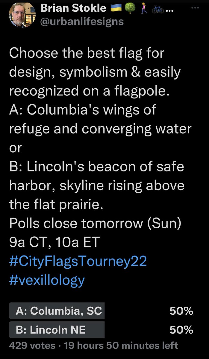 urbanlifesigns's tweet photo. 2 hours into the Finals of the #CityFlagsTourney22 and 400+ votes… and it’s dead even! We have a tight match! https://t.co/yBtJOgEV3E