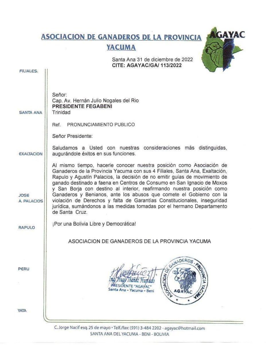 El departamento del Beni tampoco enviará carne al interior del país. 
Se van sumando a la lucha. 🇧🇴💪