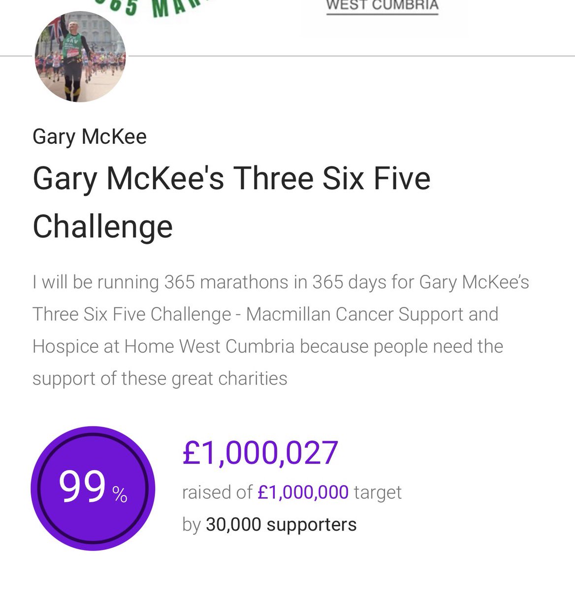 £1 million pounds! 🏃👟
WOW! 💚💛

#GaryMcKee #marathonman