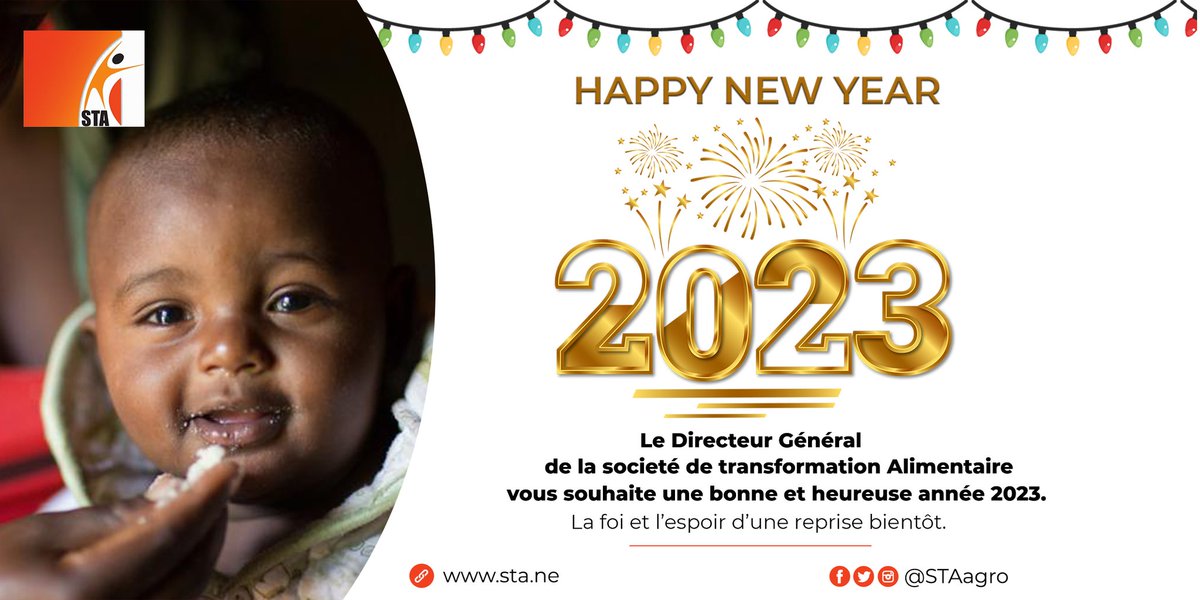 STA_Niger's tweet photo. Le Directeur Général
de la societé de transformation Alimentaire vous souhaite une bonne et heureuse année 2023.
La foi et l'espoir d'une reprise bientôt 🤲🏿.

#HappyNewYear  #2023ready  #hope #nutrition https://t.co/oTKFAF9CzZ