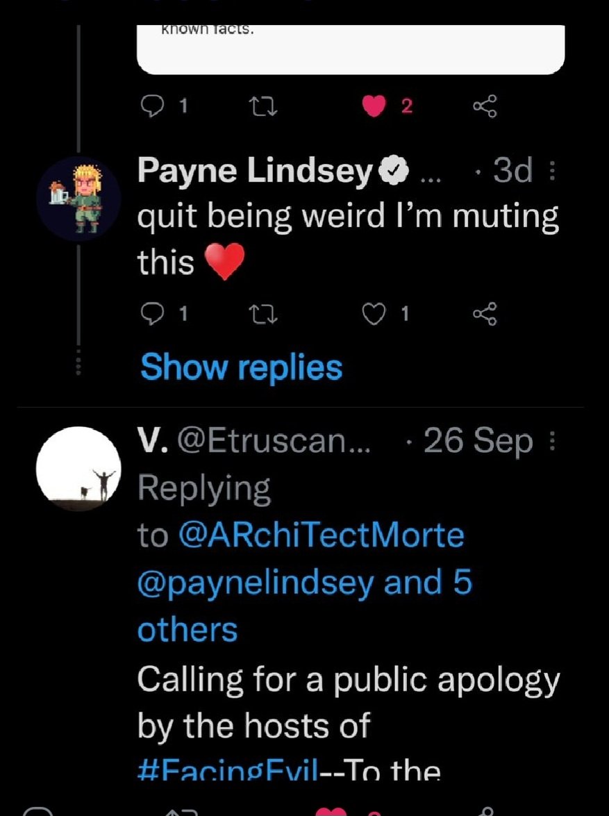 ARchiTectMorte's tweet photo. @EtruscanUno @iHeartPodcasts @Cadence13_ @ApplePodcasts @screenrant @paynelindsey And then they mute you. So comforting to families & #Victims.
#Revictimization #Misinformation #FacingEvil #FakingEvil #BlackDahlia #ElizabethShort #OurEntireLives #Tenderfoottv #PayneLindsey #RootOfEvil @FacingEvilPod #Apology @screenrant #Hypocrisy #FileUnderFiction #TrueCrime https://t.co/4QSvxG3Btf